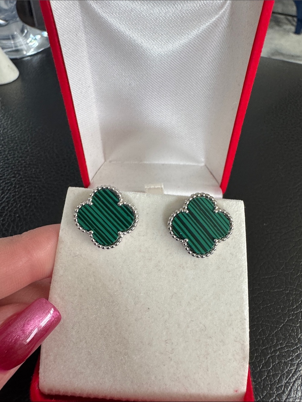925sterling silver malachite green clover earrings plated 14k